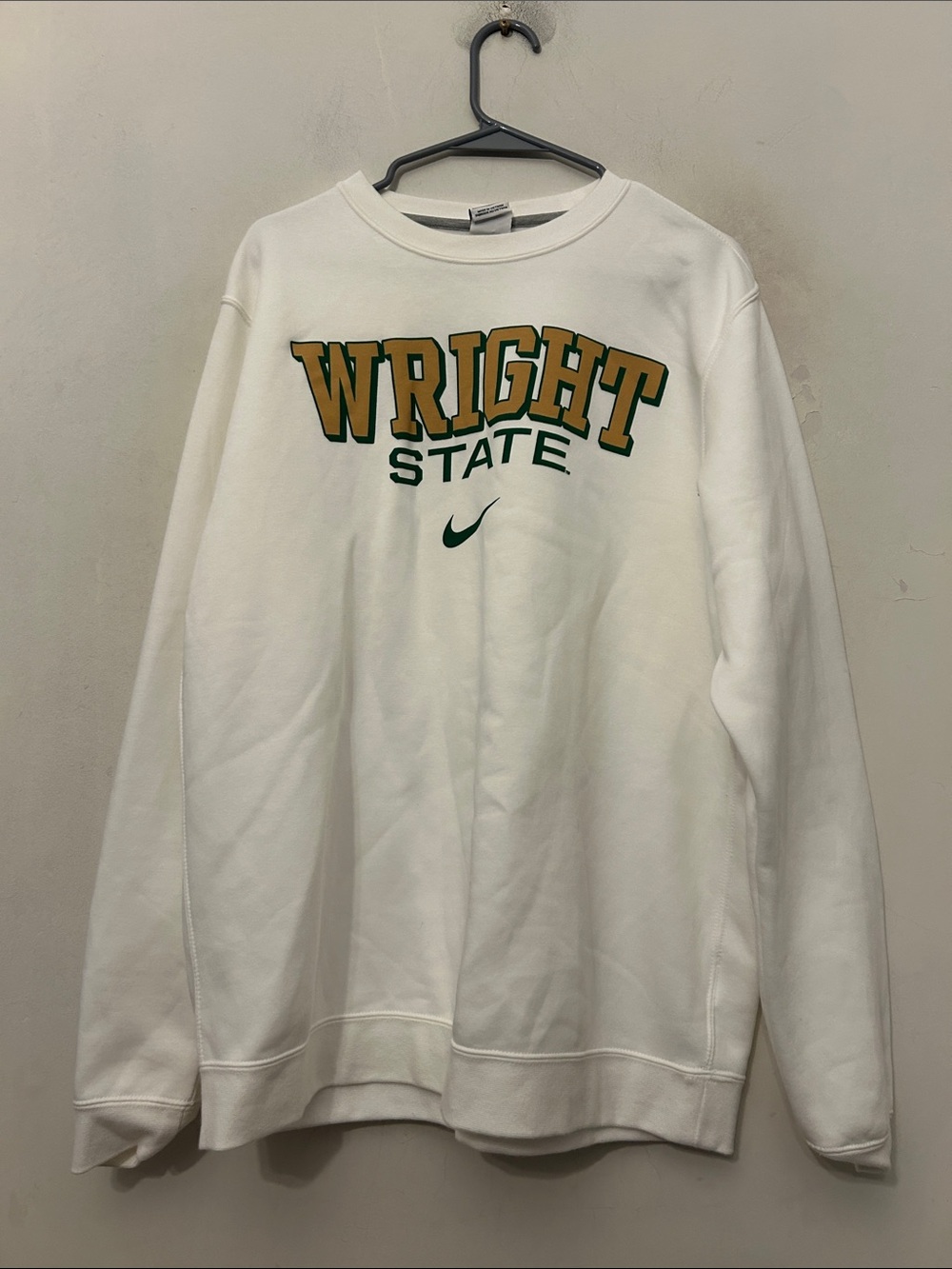 Nike White Wright State Crewneck with Green & Gold Lettering Size L EUC